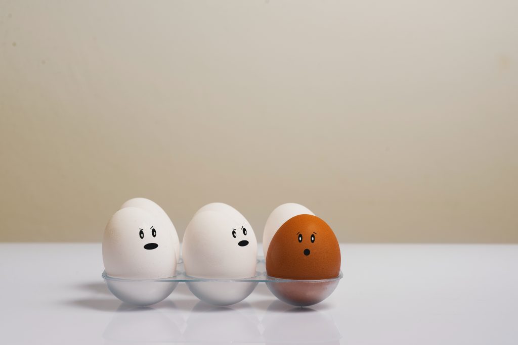 3 oeufs blancs et un oeuf marron se regardent